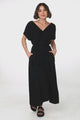 Ashanti Midi Dress - Pin Tuck V Neck Pull Over Dress with Waist Tie in Black