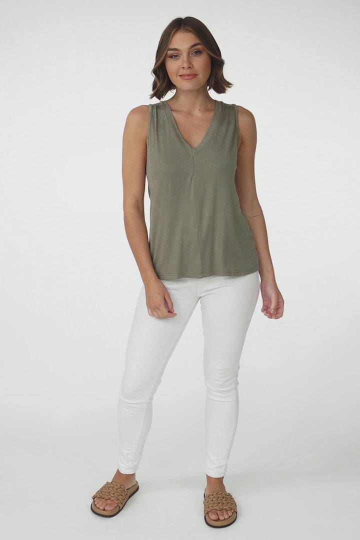 Sienna Tank Top - Soft V Neck Slight High-Low Top in Khaki