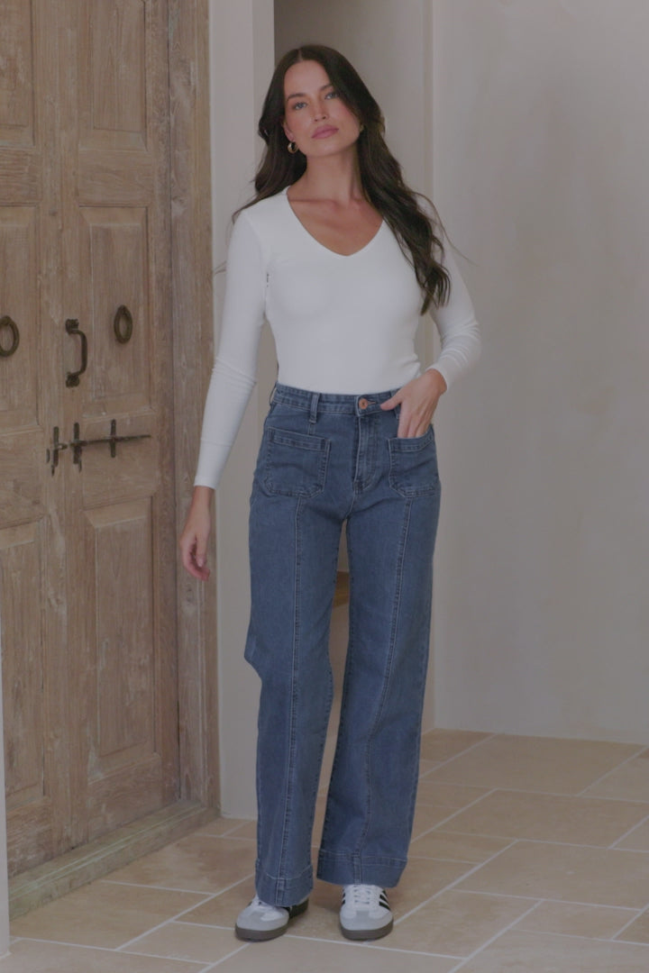 Marsha Jeans - High Waisted Wide Leg Jean with Front Seam Detail in Mid Denim Wash