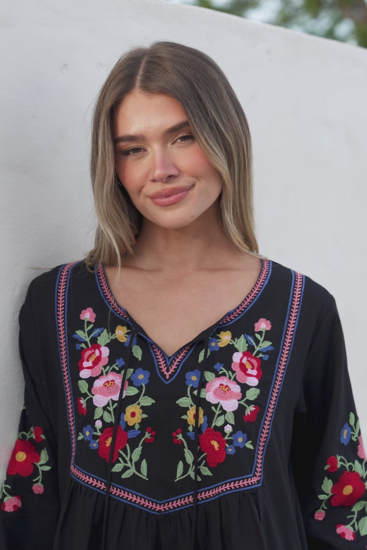 Azalea Mini Dress - Floral Embroidered Motif Shift Dress with Flute Sleeves in Black
