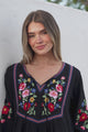 Azalea Mini Dress - Floral Embroidered Motif Shift Dress with Flute Sleeves in Black