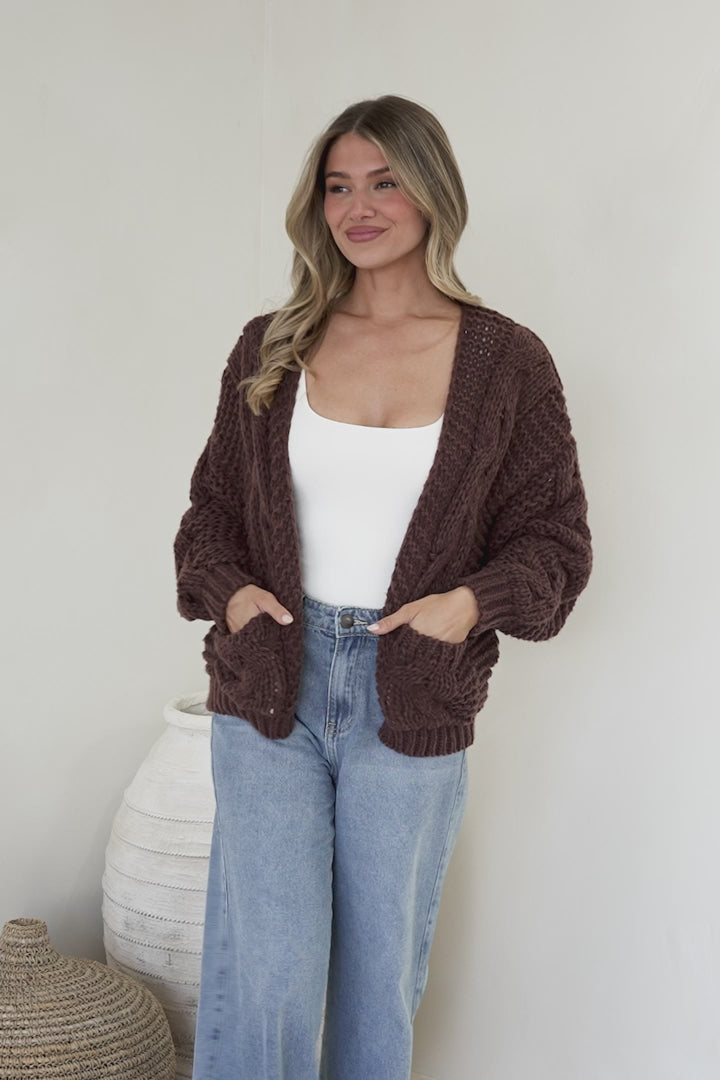 Elias Cardigan - Open Front Thick Cable Knit with Pockets in Coffee