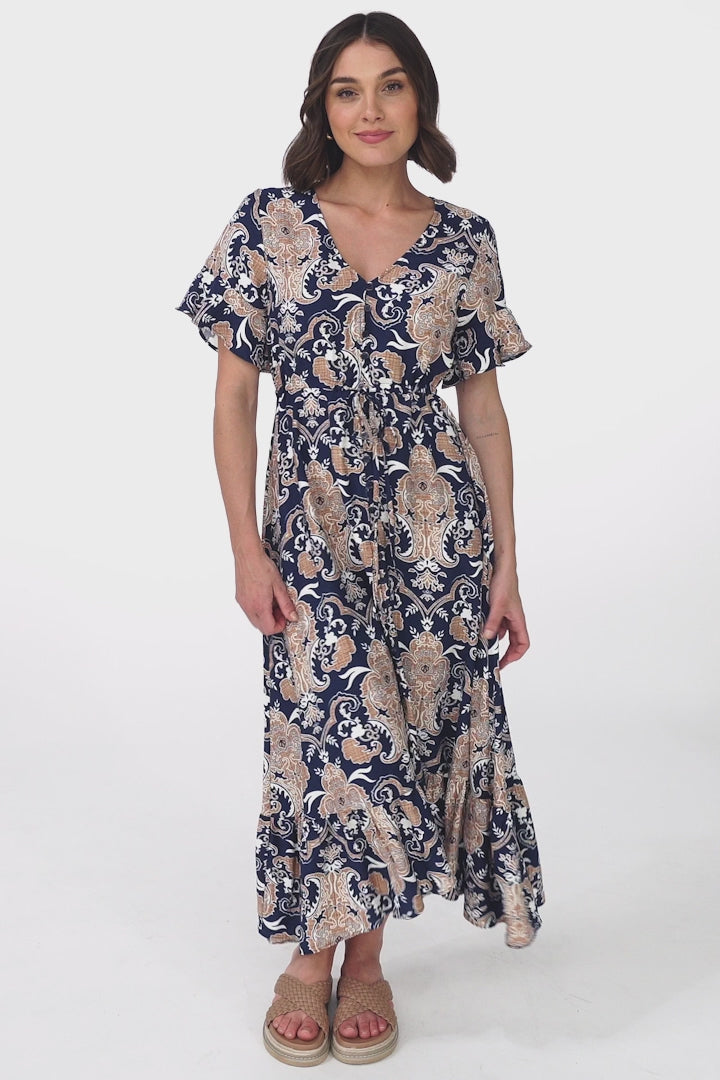 Adelita Midi Dress - Button Down High-Low Dress with Pull Tie Waist in Cavallie Print Navy