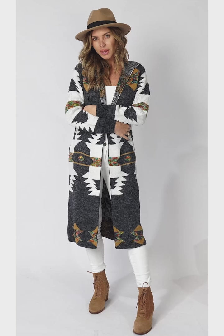 Quest Cardigan - Hooded Long Line Graphic Cardigan in Charcoal