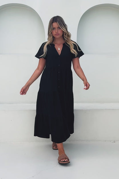 Milla Midi Dress - Tiered Cap Sleeve Button Down Linen Dress in Black