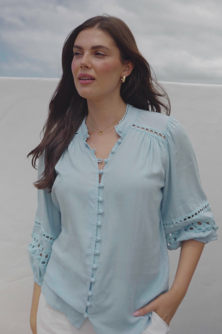 Alyce Shirt - Mandarin Collar Cut Out Detailed Sleeve Button Down in Light Blue