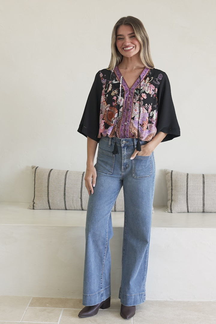 Elysia Blouse - Deep V Neck Button Down 3/4 Sleeve Top in Zaria Print