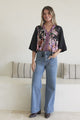 Elysia Blouse - Deep V Neck Button Down 3/4 Sleeve Top in Zaria Print