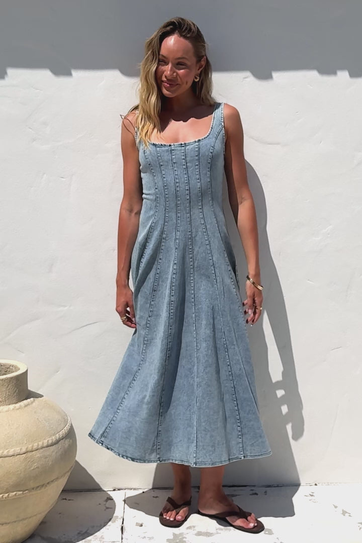Jadely Midi Dress - Adjustable Strap A-Line Denim Sun Dress in Light Denim