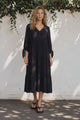 Elisabette Midi Dress - V-Neck Tiered Linen Dress with 3/4 Tie Cuff Sleeves in Black