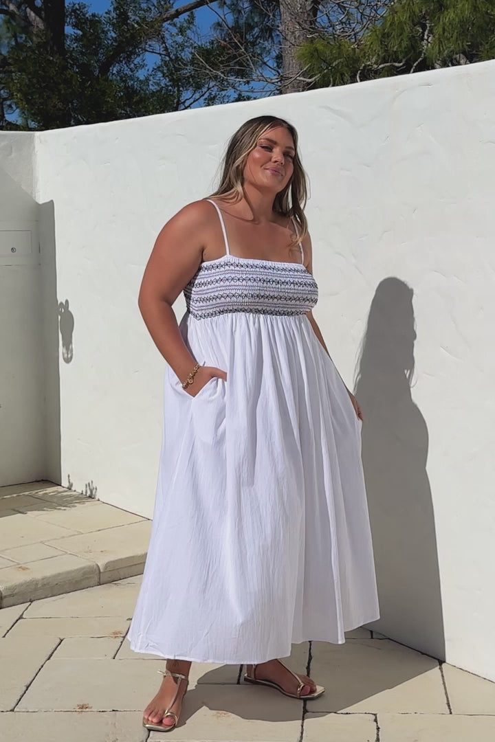 Asha Midi Dress - Constrast Stitch Shirred Elasticated Bodice Sun Dress in White
