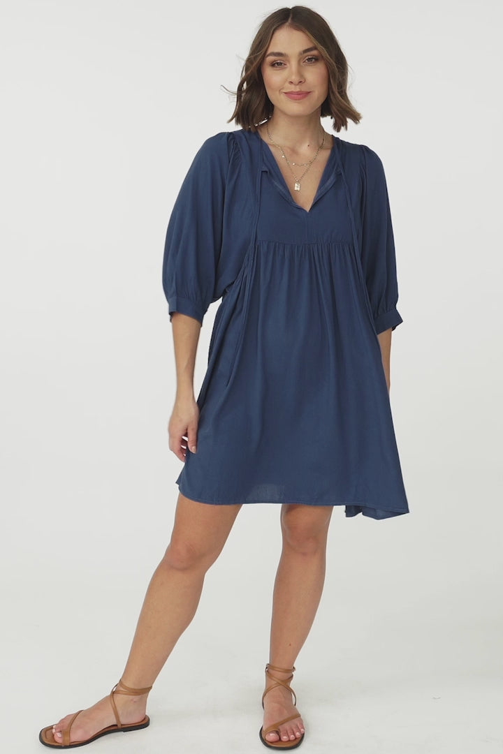 Mariah Mini Dress - V Neck Smock Dress with Batwing Sleeves in Navy