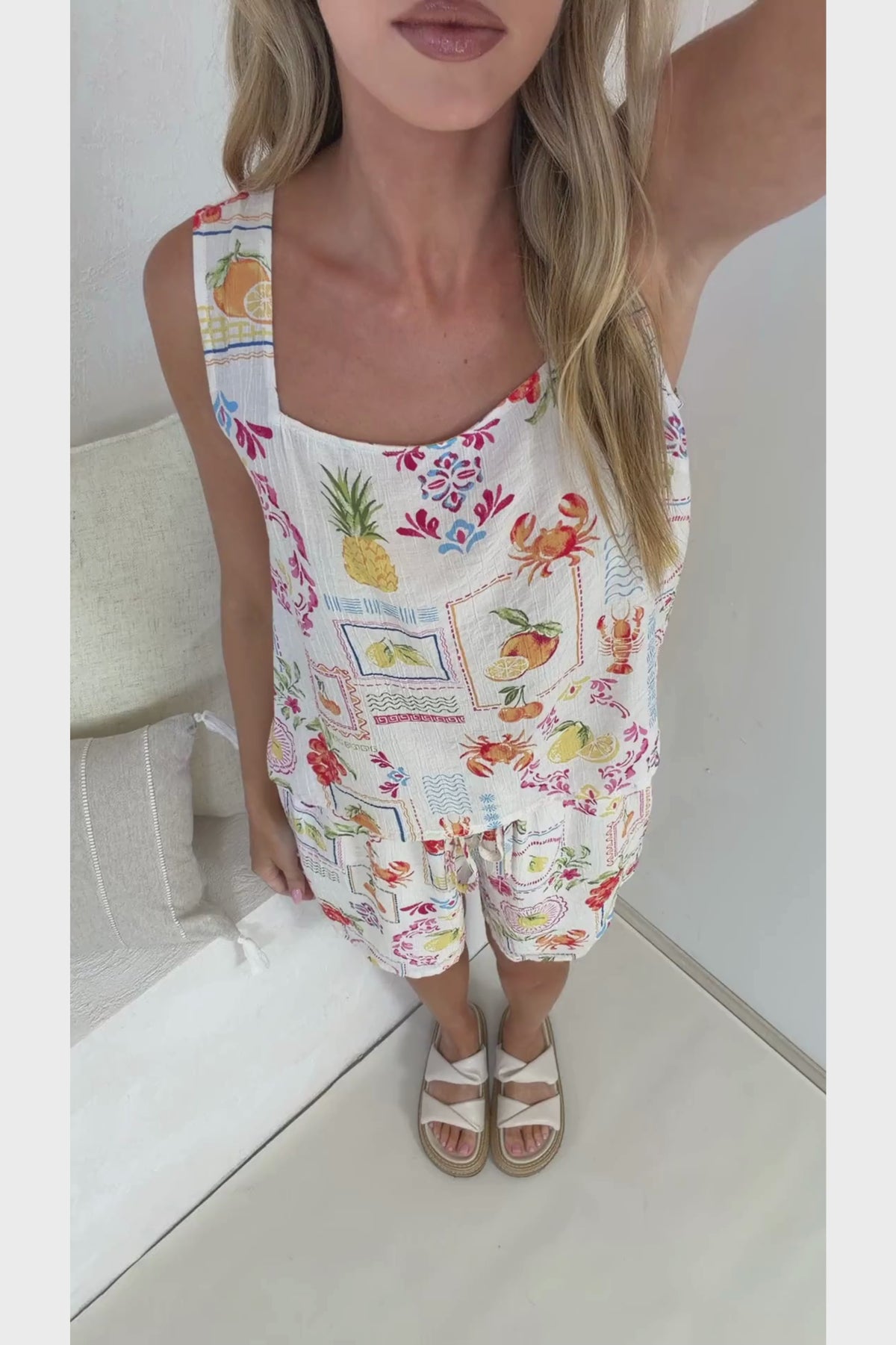 Saige Top - Square Neck Thick Strap Textured Top with High Low Hem in Anelia Print