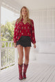 JAASE - Bee Blouse: Lace Decal Button Down Long Sleeve Blouse in Grenache Print