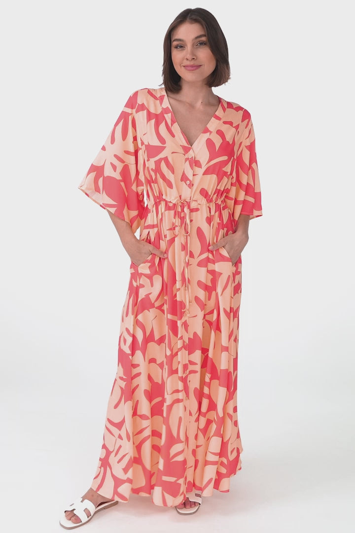 Sally Maxi Dress - 3/4 Bell Sleeve Button Down with Waist Tie Dress in Noa Print Coral