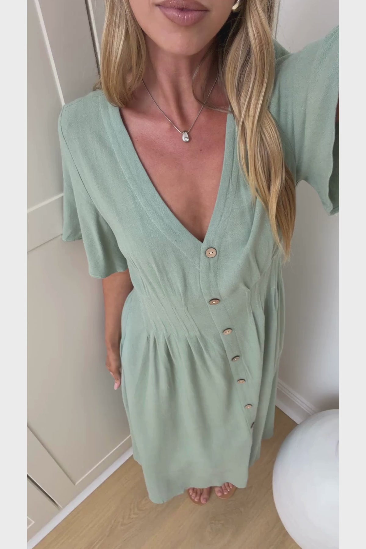 Cyan Midi Dress  - V Neckline Dress in Sage