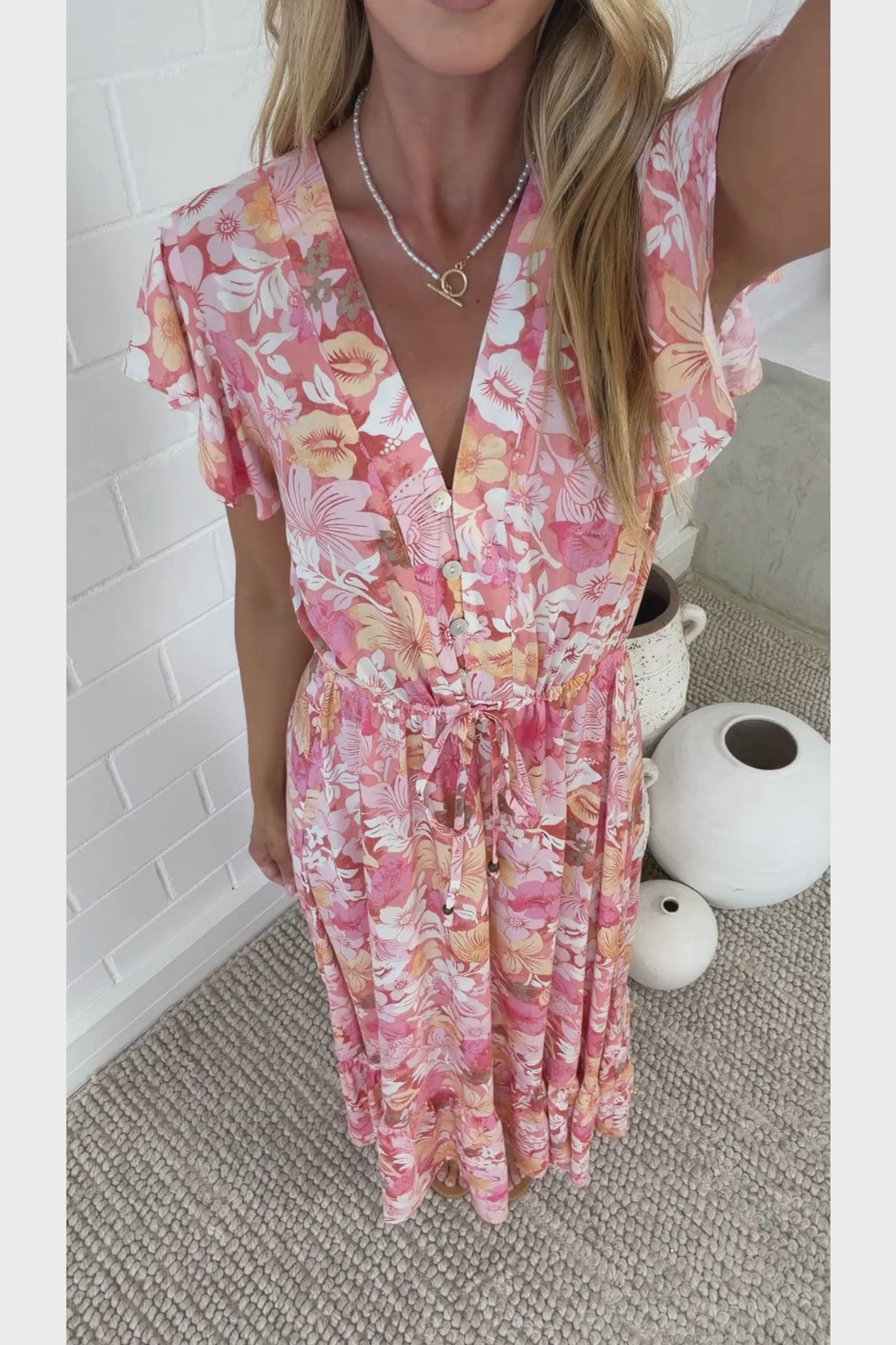 Nerine Maxi Dress - V Neck Button Placket Dress with Drawstring Waist and Flutter Sleeves in Tammi Print