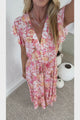 Nerine Maxi Dress - V Neck Button Placket Dress with Drawstring Waist and Flutter Sleeves in Tammi Print