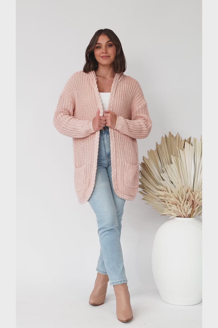 Chase Cardigan - Cable Knit Hooded Cardigan in Pink