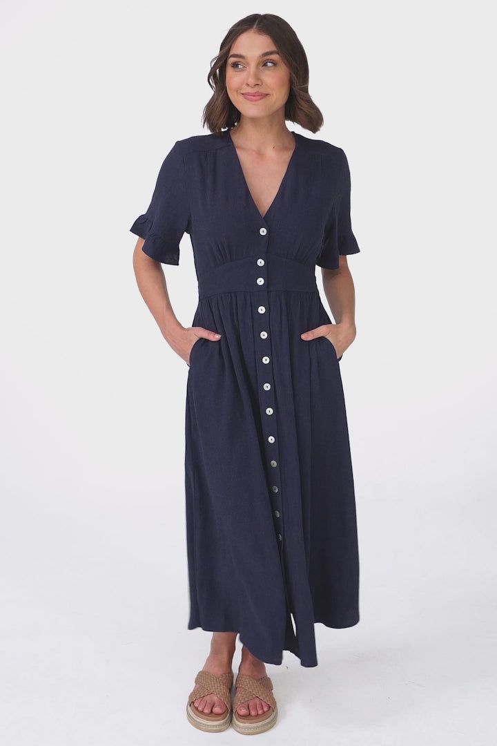 Marisol Midi Dress - V-Neck Linen Blend Button Down Dress in Navy