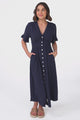 Marisol Midi Dress - V-Neck Linen Blend Button Down Dress in Navy