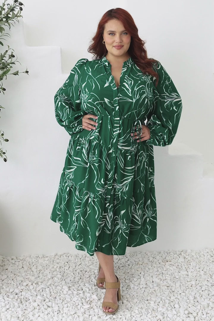 Brea Midi Dress - High Mandarin Collar Button Down Dress in Ivy Print Green