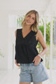 Selene Top - Scalloped V Neckline Sleeveless Babydoll Top in Black