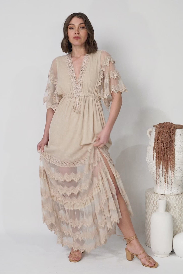 JAASE - Bungalow Maxi Dress: Embroidered Lace Deep V Neck Dress with Open Batwing Sleeves in Sand