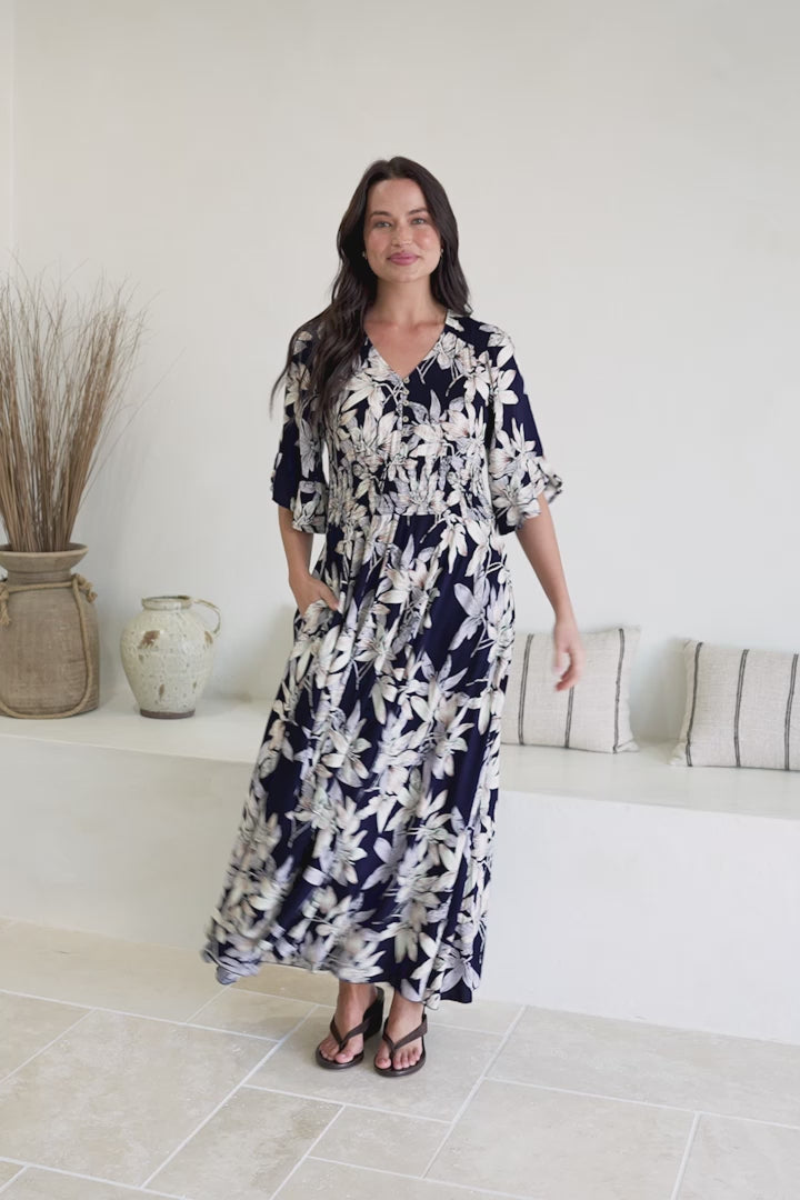 Frigg Maxi Dress - Buttoned Bodice A Line Dress With Flute Sleeves In Navy