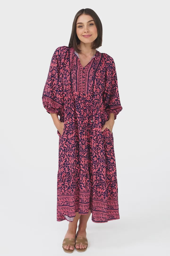 Kamali Midi Dress - Batwing Sleeve Smock Dress with Lace Detailing in Tayler Print Pink