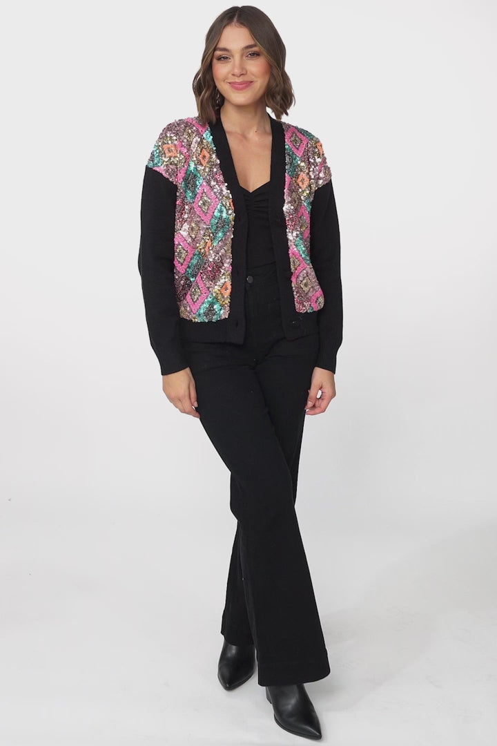 Jupiter Cardigan - Multi Sequin Button Up Cardigan in Black/Pink