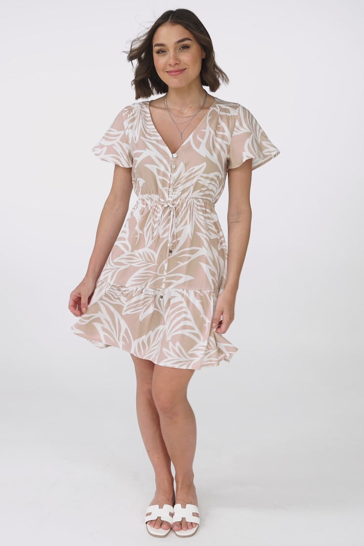 Malila Mini Dress - V Neck Pull Tie Waist Dress with Cap Sleeves in Jeani Print Beige