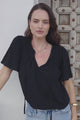 Kendra Top- V Neck Short Sleeve Top with Necktie in Black