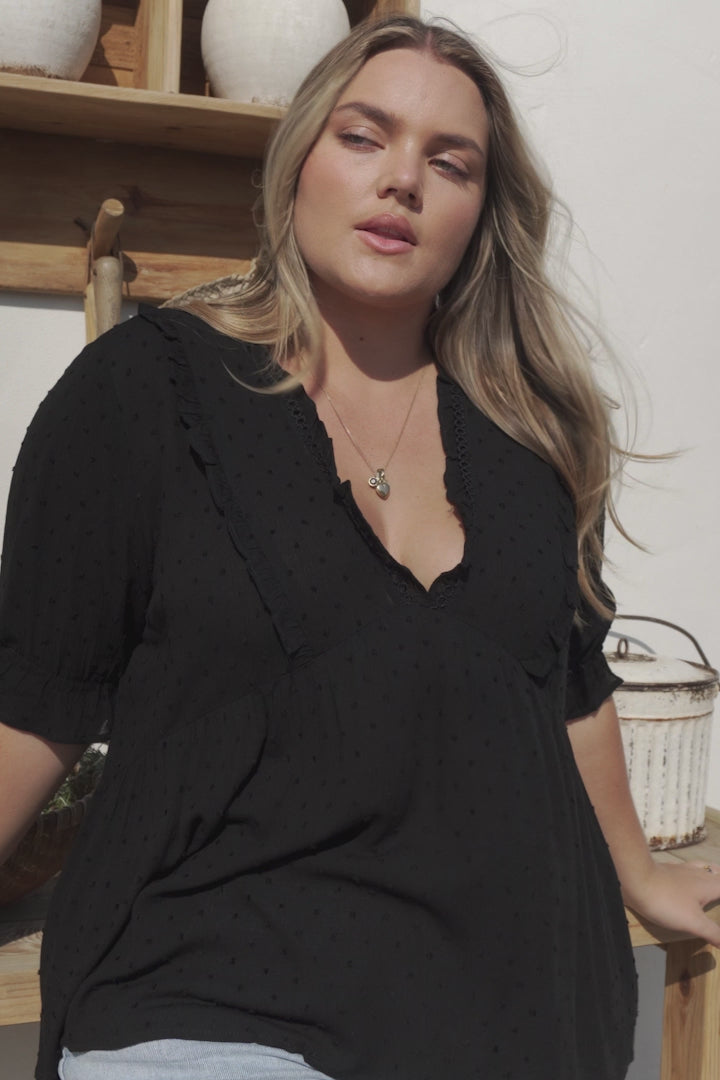 Catha Top - Frill Neckline Empire Bustline Top with Short Balloon Sleeves in Black