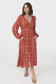 Bello Midi Dress - Button Through Dress with Balloon Sleeves in Astra Print Rust