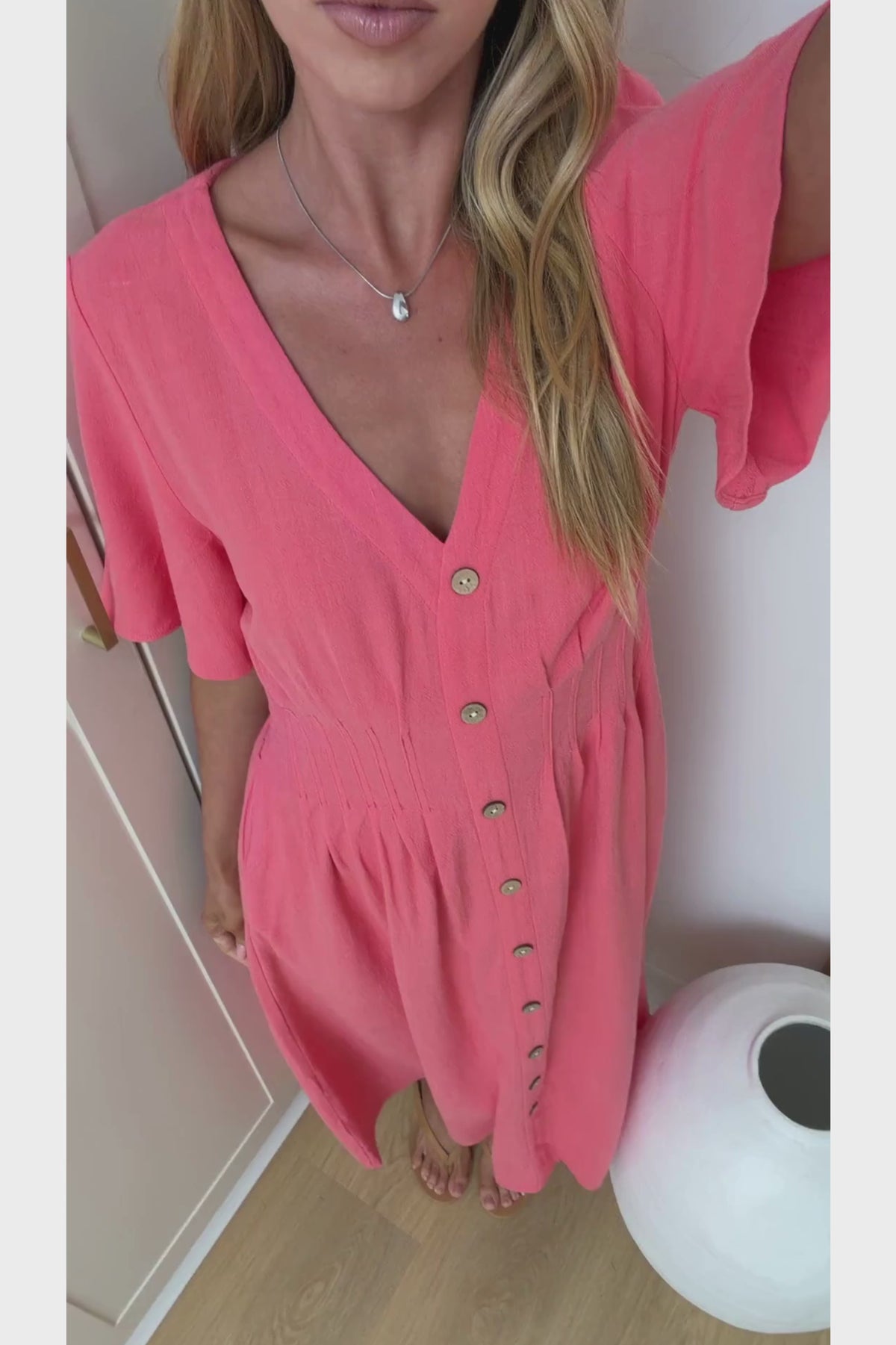 Cyan Midi Dress  - V Neckline Dress in Pink