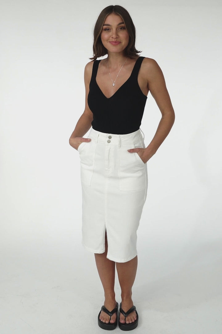 Harriet Midi Skirt - High Waist Knee Length Skirt with Front Split in White