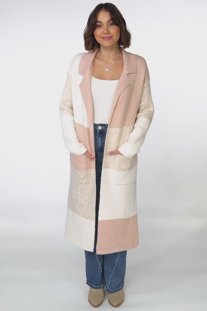 Haylie Cardigan - Checkered Long Line Open Cardigan in Pink Marle