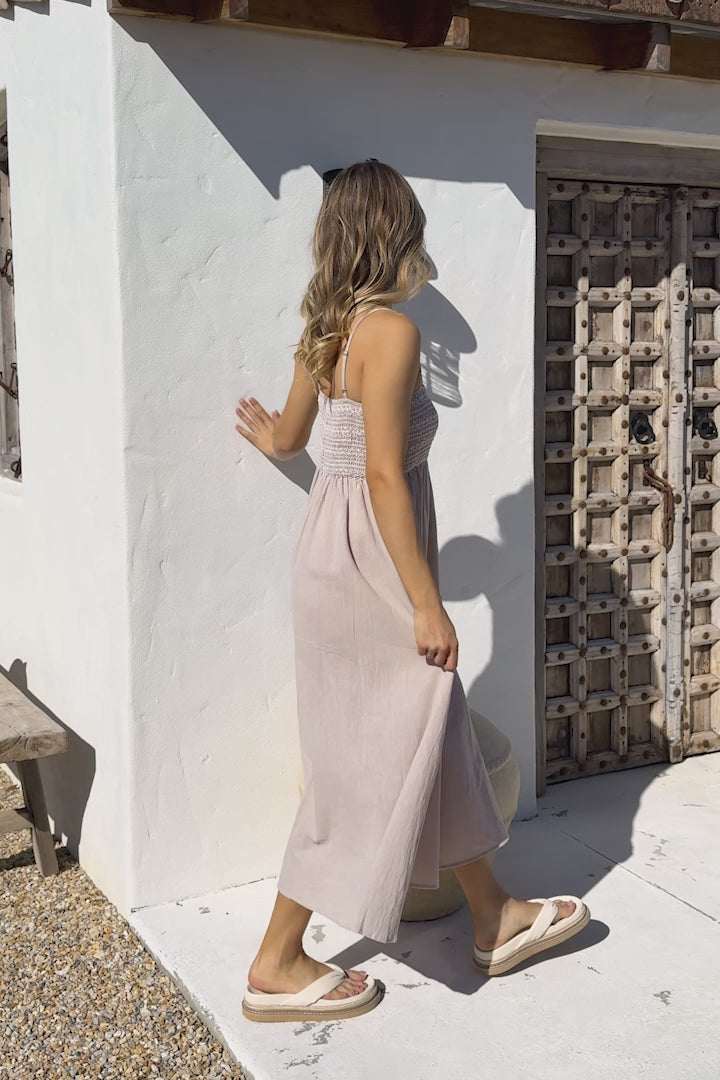Asha Midi Dress - Constrast Stitch Shirred Elasticated Bodice Sun Dress in Beige