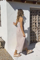 Asha Midi Dress - Constrast Stitch Shirred Elasticated Bodice Sun Dress in Beige