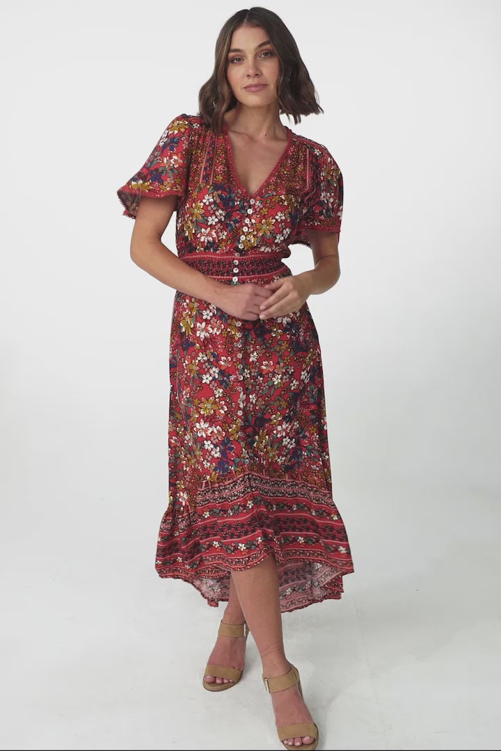 London Maxi Dress - Elasticated Waist Button Detail High Low Dress with Flutter Cap Sleeves in Floral Print