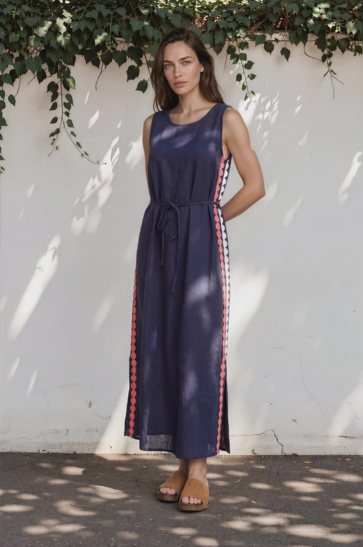 Amali Maxi Dress - Scoop Neck Shift Dress with Waist Tie and Playful Contrast Stripes in Navy