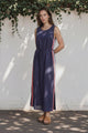 Amali Maxi Dress - Scoop Neck Shift Dress with Waist Tie and Playful Contrast Stripes in Navy
