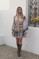 Morso Mini Dress - Wing Collar Front Button Placket Tiered Hem with Balloon Sleeves and String Belt in Regalia Print
