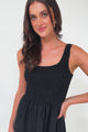 Sarlita Midi Dress - Shirred Bodice Sleeveless Tiered Dress with Pockets in Black