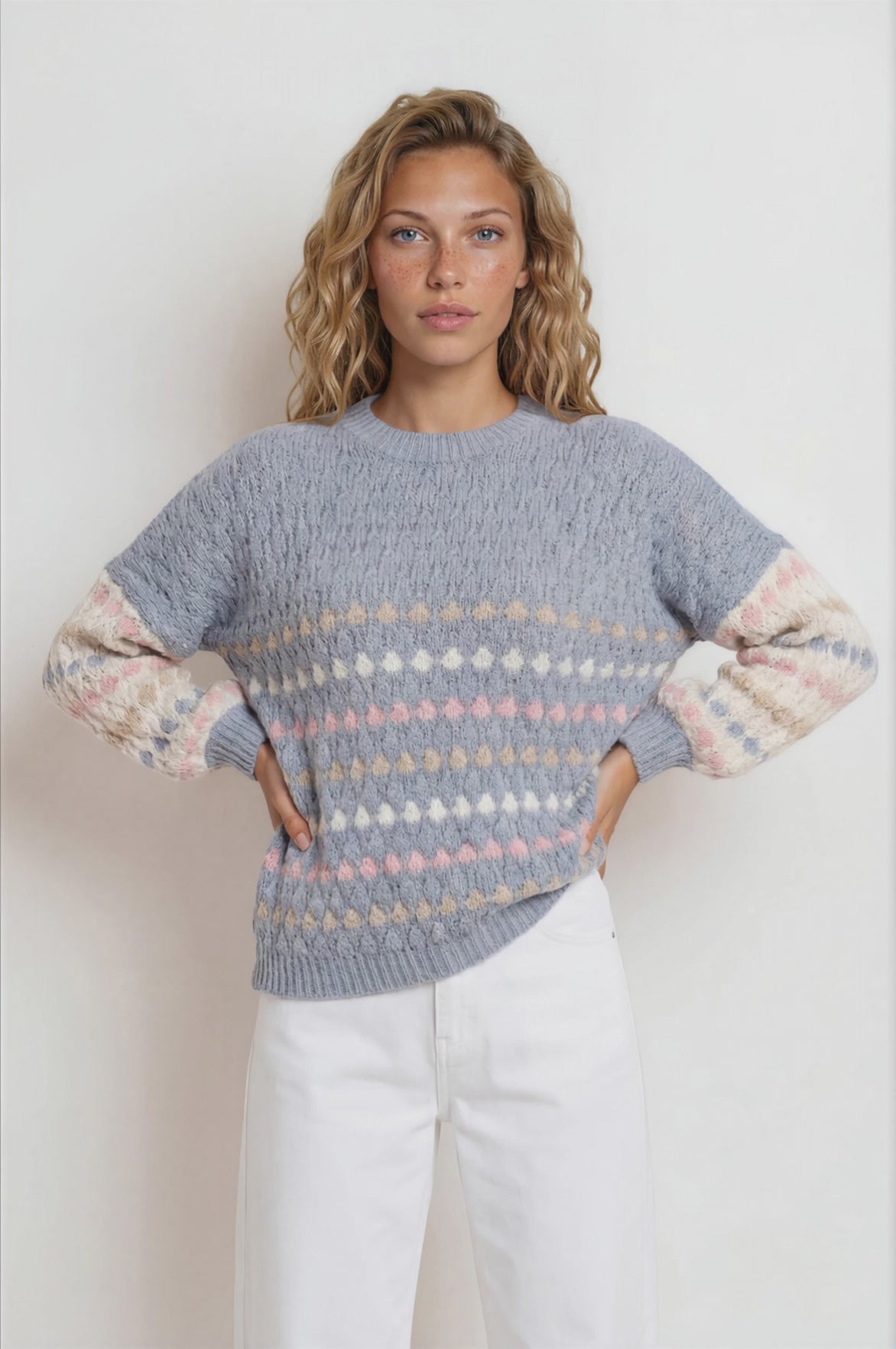 Lyla Jumper - Crew Neck Bubble Knit with Contrast Stripes in Blue
