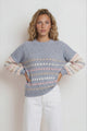 Lyla Jumper - Crew Neck Bubble Knit with Contrast Stripes in Blue