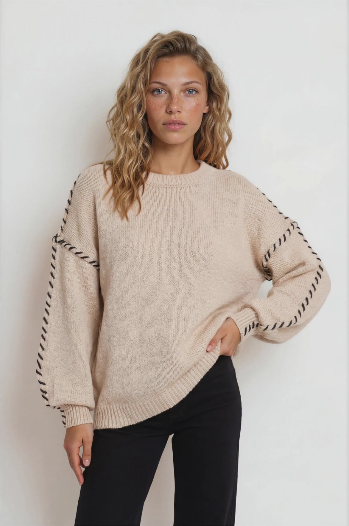 Saige Jumper - Crew Neck Contrast Stitch Knit in Beige