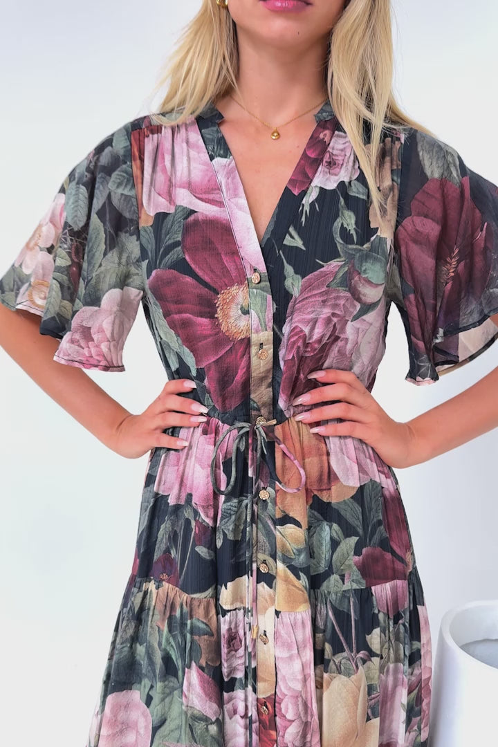 Vesna Midi Dress - Mandarin Collared Flutter Sleeve Shirt Dress with Waist Tie in Annalisa Print