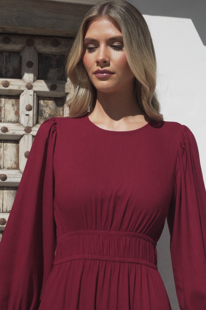 Sheyne Maxi Dress - Long Balloon Sleeve Elasticated Waist A Line Dress in Wine